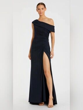 NEW Mac Duggal 26517 Ieena Navy Foldover Off-the-Shoulder Slit Gown Size 2